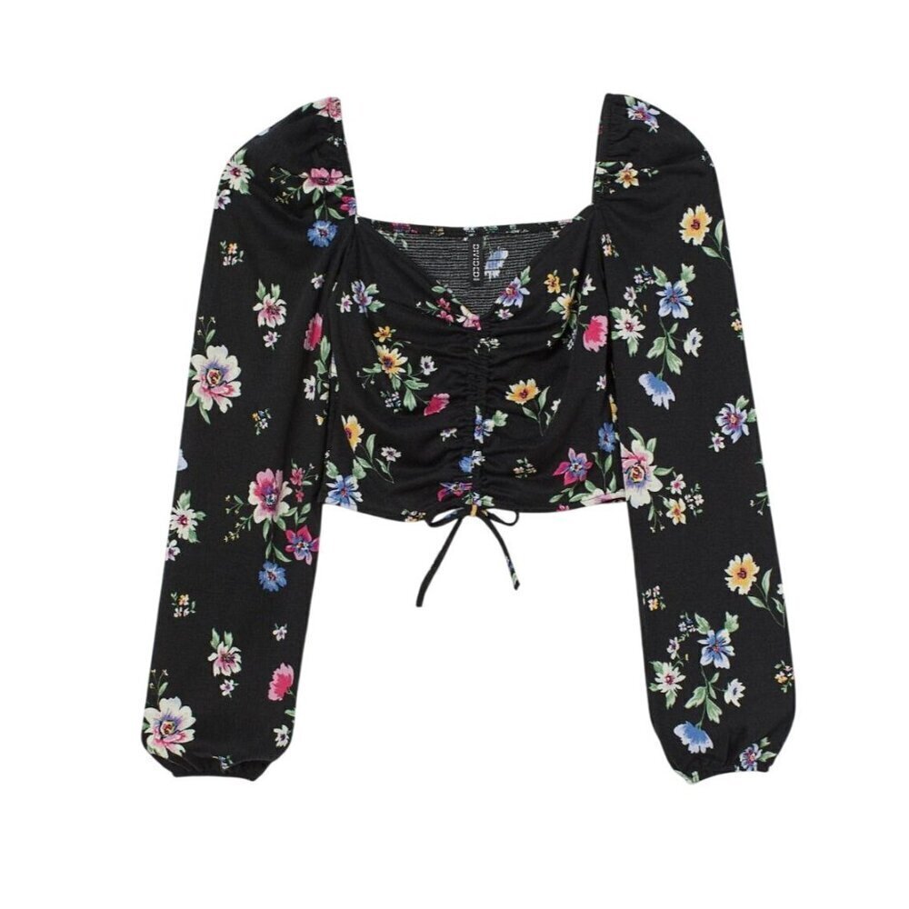 H&M Top Milkmaid XL Black Crop Floral Crinkle Boho Western Indi Festival Hippie